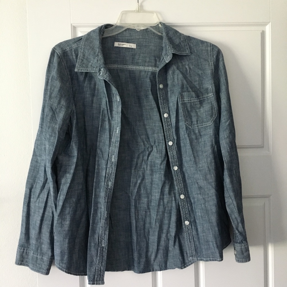 Old Navy Chambray Denim Button Down Shirt, Casual Medium Blue Shirt, Size Large